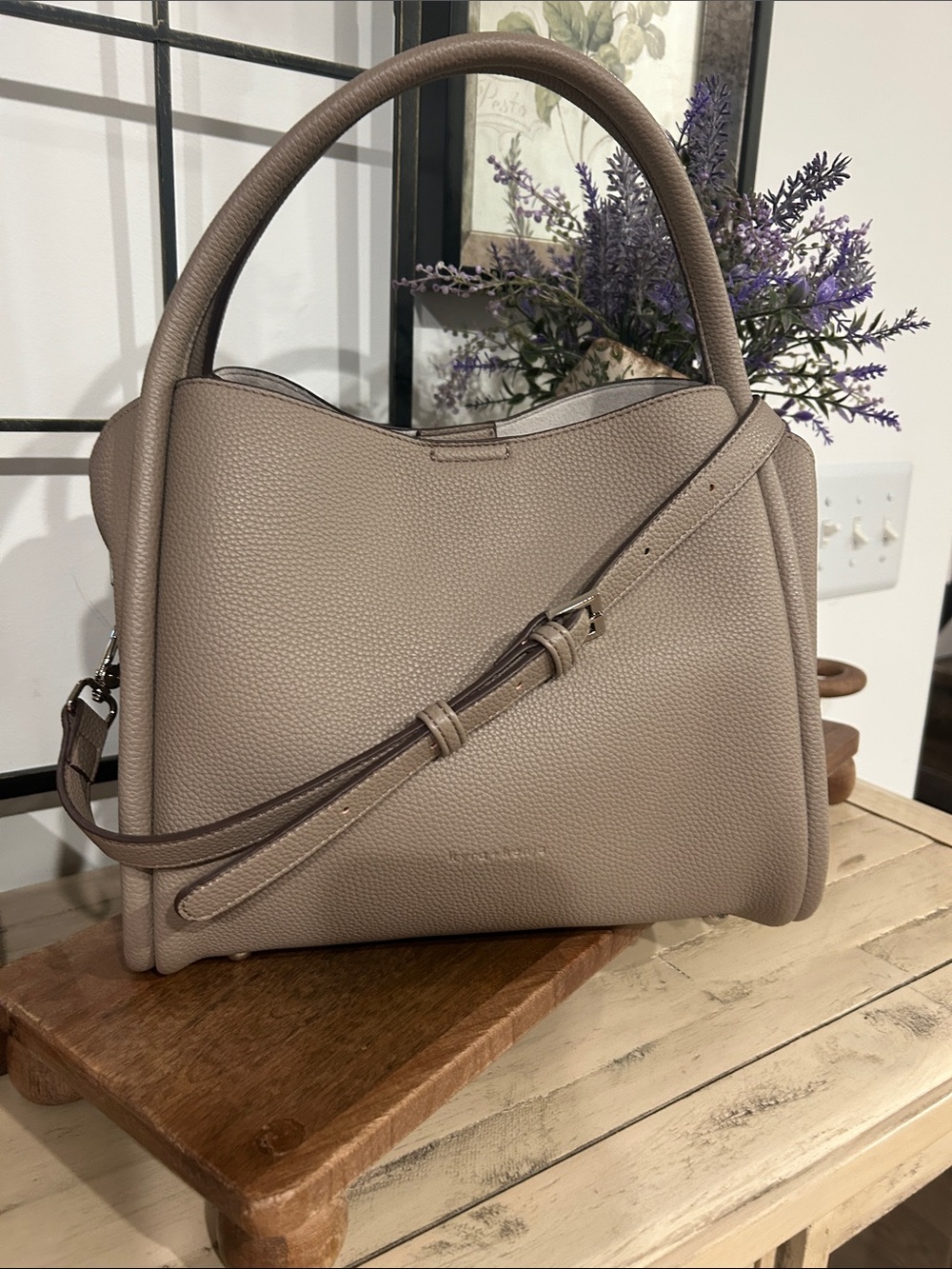 Kyra and Kenja Pebbled Taupe Shoulder Bag with Top Handle and Adjustable Strap